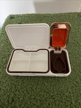 White and Rose Gold Portable Pill Case with White Interior & Brown Pill Cutter